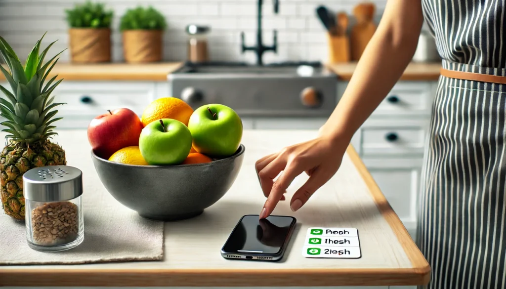 A bright and modern kitchen counter with a fruit bowl and a smartphone placed beside it. A person mindfully sets their phone next to the bowl, showcasing how to remember where you put something by using visual cues