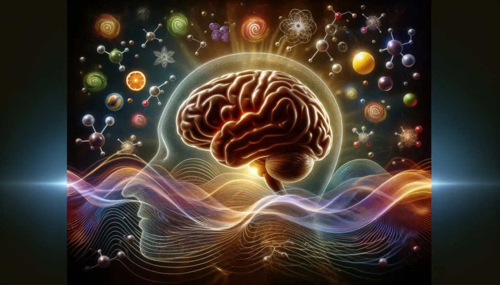 An artistic representation of a human brain with the temporal lobe glowing, surrounded by abstract waves of taste and aroma molecules. The image symbolizes the role of the temporal lobe in processing flavors and food perception.