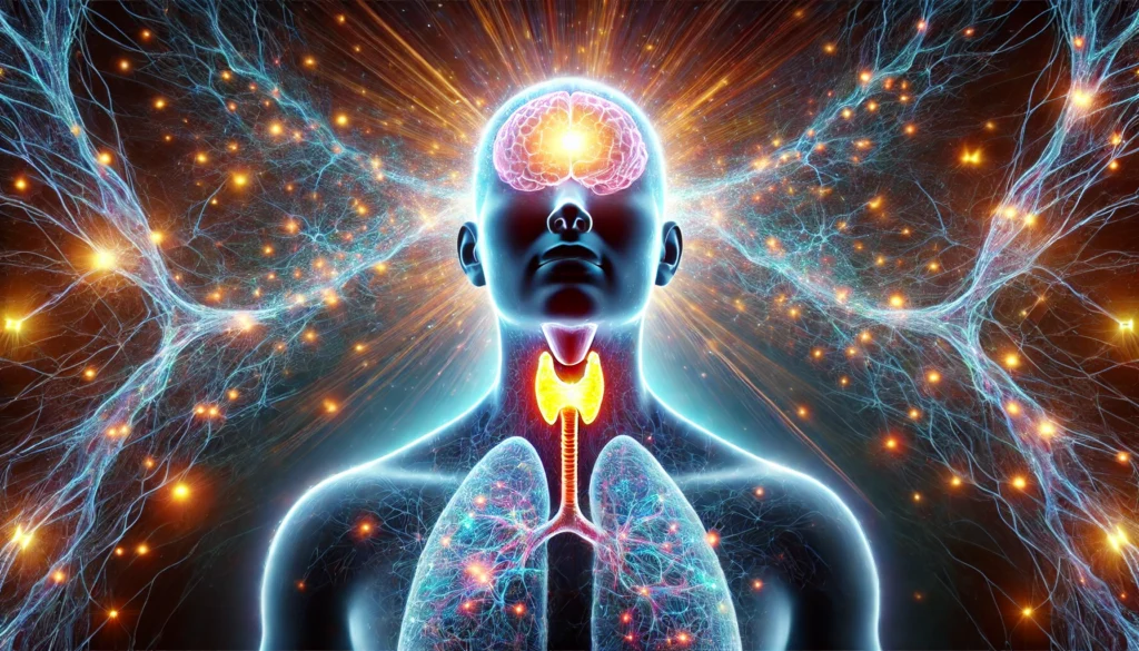 An artistic representation of thyroid health enhancing memory, depicting a human silhouette with a glowing thyroid gland emitting waves of energy that illuminate a vibrant brain. Neural pathways light up in the background, representing improved cognitive function.