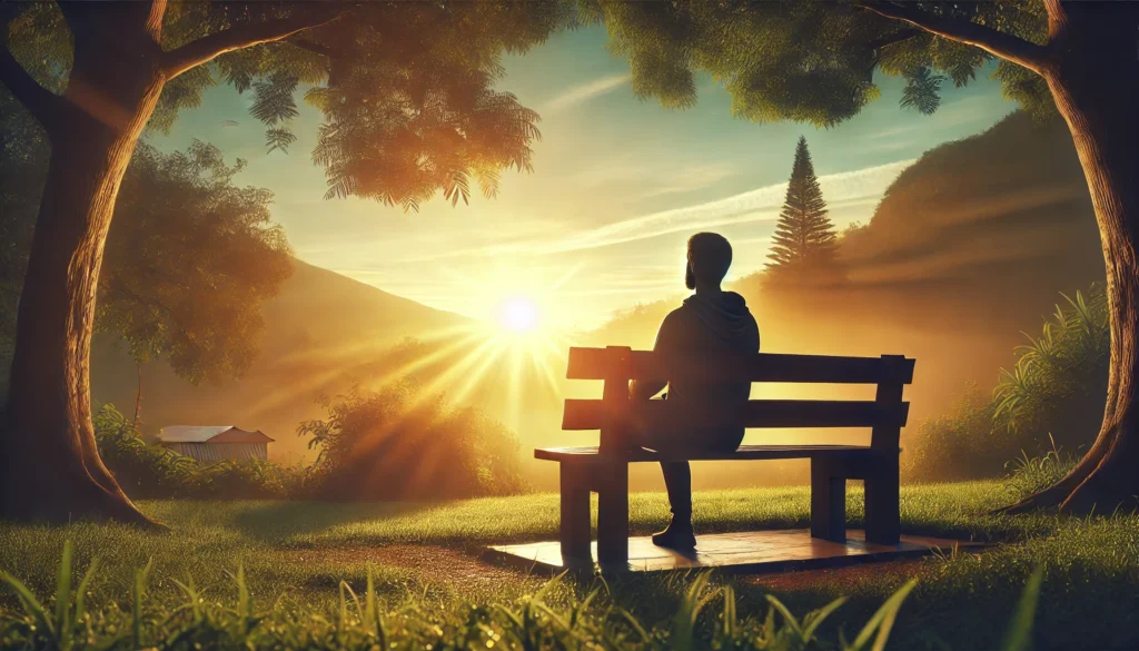 A reflective individual sitting on a park bench at sunrise, surrounded by serene natural beauty, contemplating the meaning of motivation and life's purpose