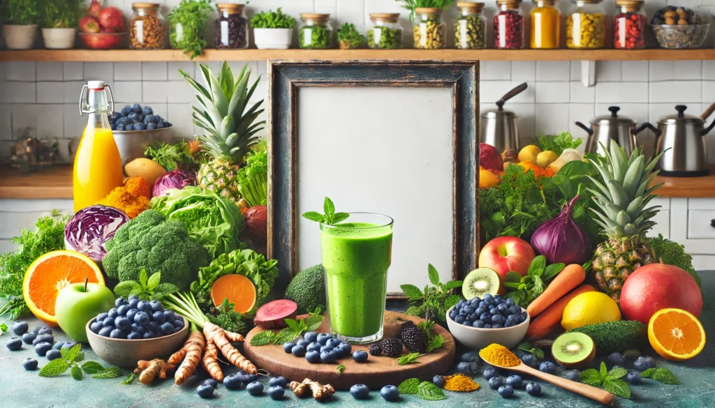 Bright kitchen counter with colorful fruits, vegetables, and herbs rich in focus vitamins, highlighting natural health and energy