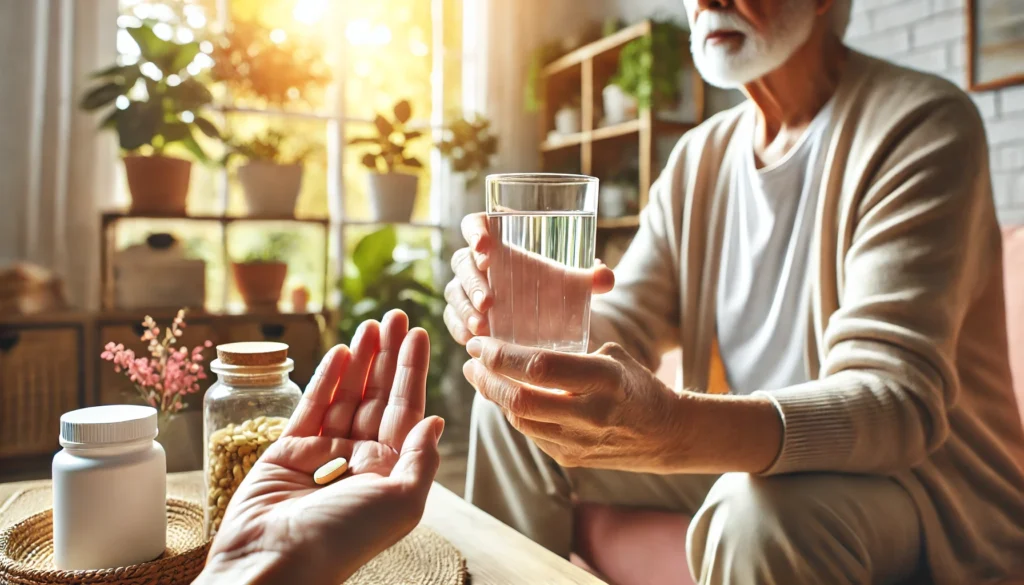 Elderly person holding a glass of water and a vitamin pill in a bright living room, emphasizing the importance of daily vitamin intake for seniors in a cozy environment.