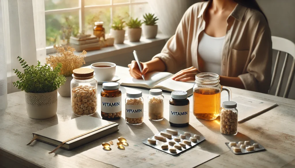 A serene lifestyle scene of a person seated at a desk with vitamin bottles, a cup of herbal tea, and an open notebook, in a naturally lit room, emphasizing the role of supplements for focus and attention.