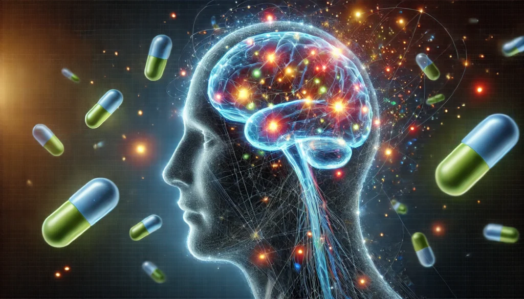 An abstract visualization of Wellbutrin's impact on brain function and dementia risk. A transparent human head with neural pathways lighting up in different areas, some glowing brightly while others flicker out. Floating pills drift in the background, symbolizing the uncertain effects on cognitive health.