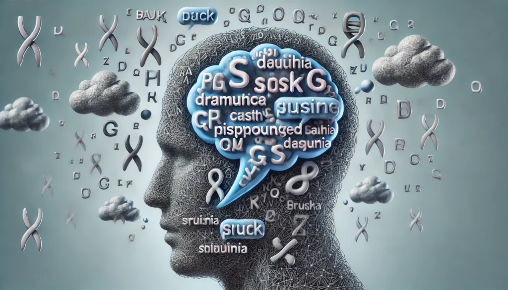 A conceptual illustration of a dementia patient's mind, where floating speech bubbles appear distorted or jumbled, representing common mispronounced words and language confusion in dementia patients.