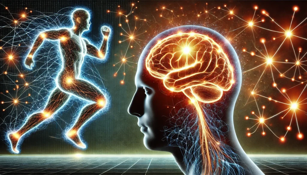 An artistic depiction of a glowing brain with neural pathways illuminated, connected to an exercising figure in the background. The energy lines symbolize cognitive growth, memory enhancement, and increased mental agility from regular exercise.