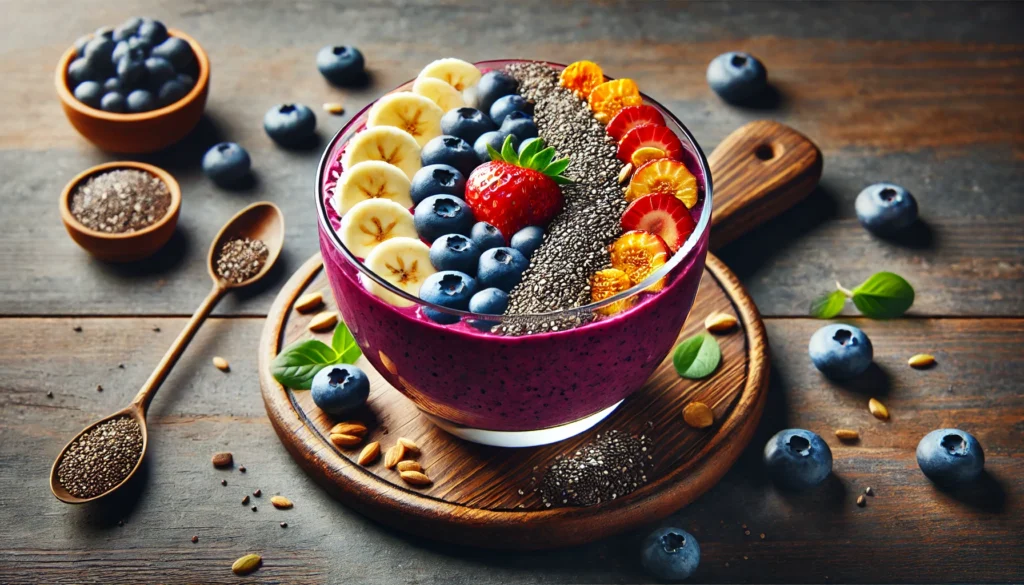 A vibrant smoothie bowl featuring memory-boosting ingredients like blueberries, bananas, and chia seeds, served in a glass. The rich colors and fresh ingredients symbolize cognitive support and brain health.