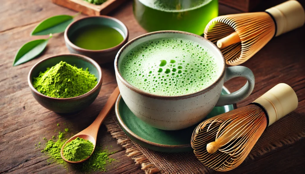 A steaming cup of matcha green tea with a frothy texture, placed on a wooden table with fresh matcha powder and a bamboo whisk. The vibrant green color represents its rich antioxidants and cognitive-boosting properties to help combat dementia.