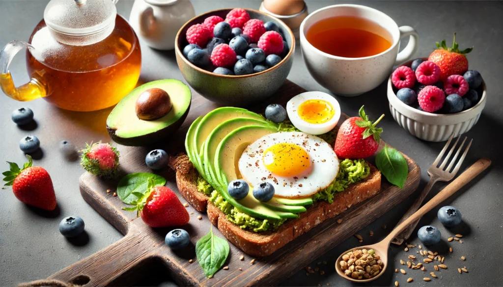 A well-balanced breakfast scene featuring whole grain toast with avocado, eggs, and fresh berries, accompanied by a cup of herbal tea. The healthy meal represents the power of energizing foods in improving concentration and cognitive performance.