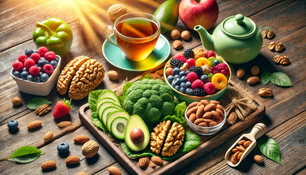 A vibrant and healthy breakfast with brain-boosting foods like nuts, berries, and green tea, arranged on a wooden table. The fresh morning sunlight streams in, symbolizing nourishment for mental clarity and focus.