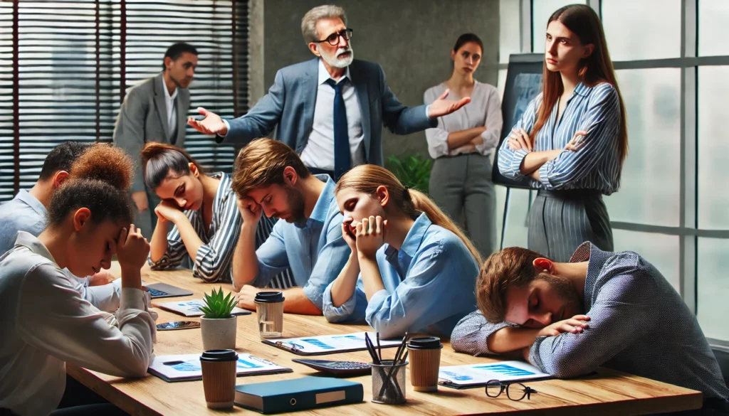 A team of employees sitting in a meeting room, visibly fatigued and disengaged, highlighting the collective impact of burnout at work on team dynamics and productivity.