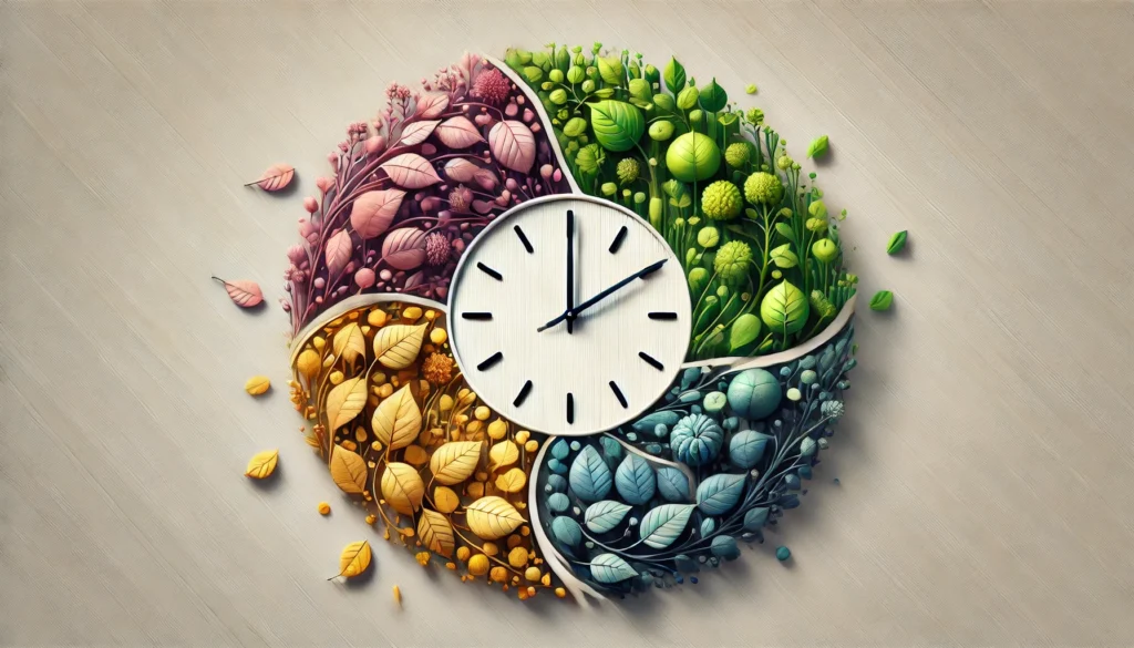 An abstract representation of memory loss across a yearly cycle. A giant clock made of leaves, each section representing a different season—spring, summer, fall, and winter. Leaves slowly wither and fall as they move around the clock, symbolizing the gradual fading of memories over time.