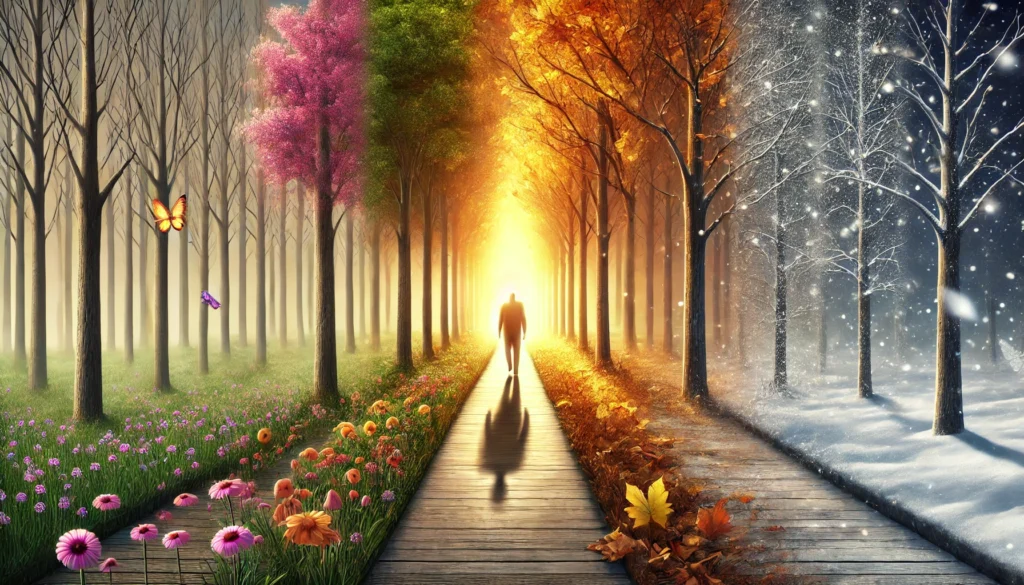 A conceptual image depicting memory loss as a yearly cycle. A pathway through a forest where each section represents a different season—spring with blooming flowers, summer with golden sunlight, autumn with falling leaves, and winter covered in snow. A fading silhouette of a person walks down the path, their form slowly disappearing as they move forward, symbolizing gradual memory decline over time.