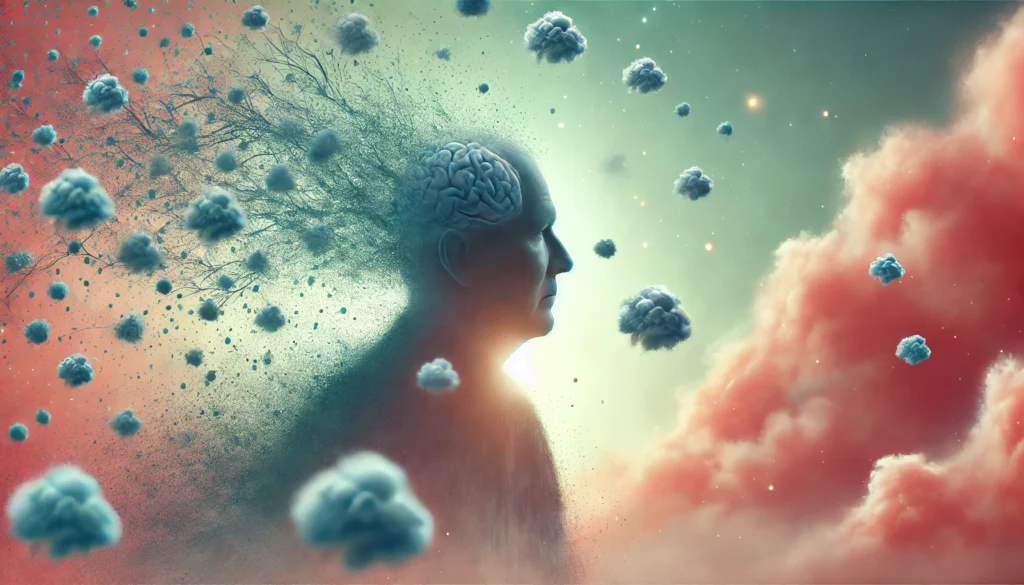 A surreal depiction of an elderly person's silhouette with floating memory fragments dissolving into the air. The background is soft and dreamlike, representing memory loss due to aging, stress, and medical conditions like dementia.