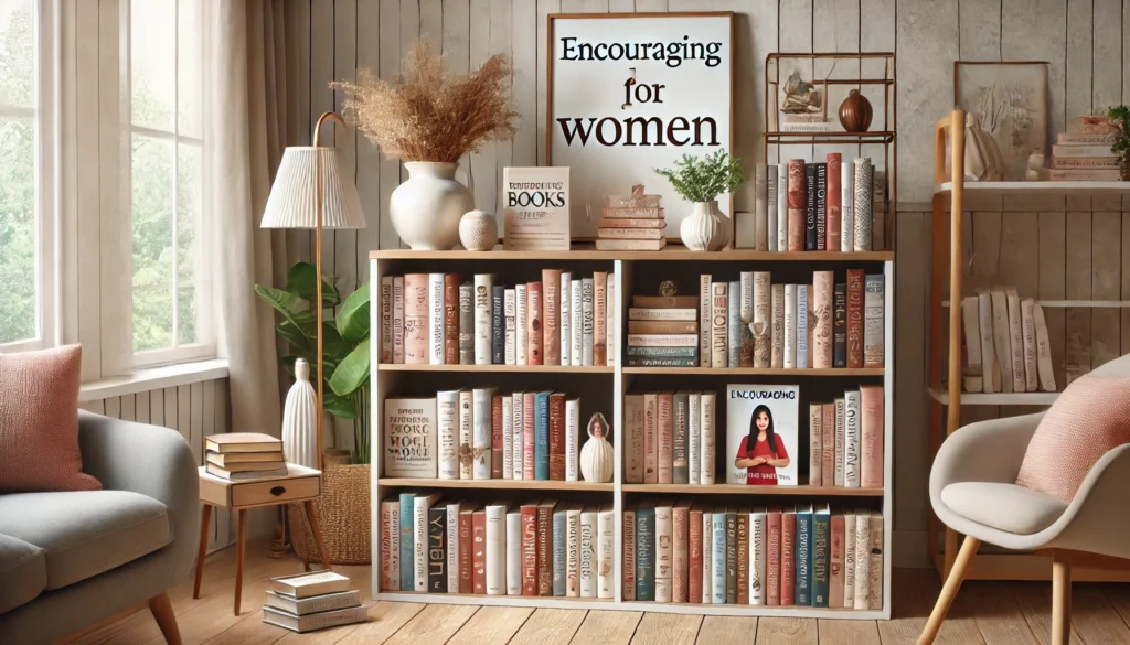 A modern bookshelf filled with encouraging books for women, neatly arranged in a stylish reading space, creating a welcoming and empowering atmosphere