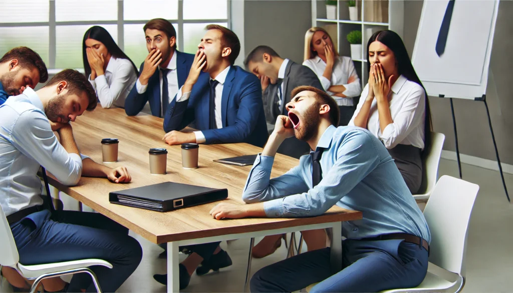 A group of employees in a meeting room, visibly fatigued, with one person yawning and another leaning on the table, showcasing the collective impact of work fatigue during team discussions.