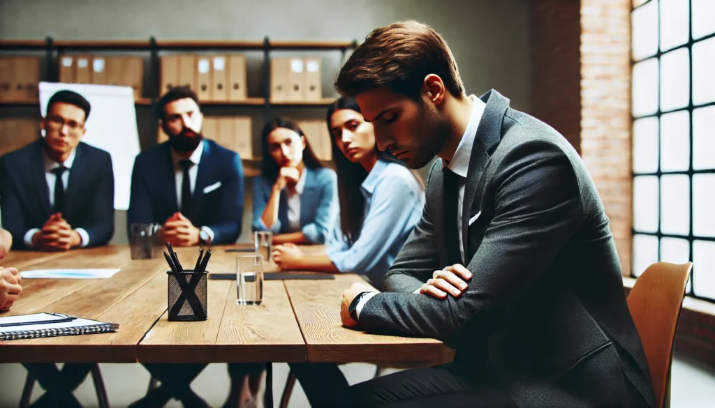 A group of employees in a conference room, with one individual looking disengaged and downcast, illustrating the effects of workplace stress and depression on team dynamics.