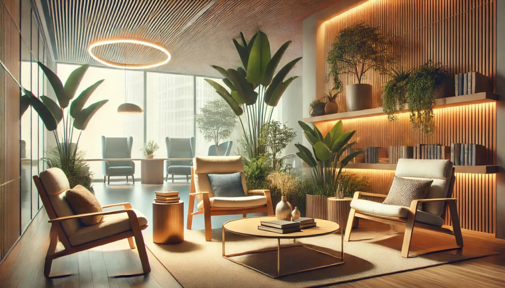 A serene break area in a workplace with comfortable chairs, a coffee table with books, and a peaceful ambiance. The setting is adorned with calming plants and soft lighting to promote relaxation and rejuvenation, representing strategies for overcoming lack of motivation at work.