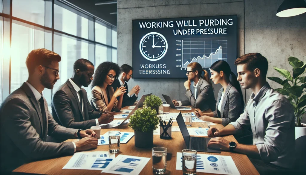 A diverse team of professionals collaborating during a brainstorming session in a conference room, showcasing teamwork and focus under pressure.