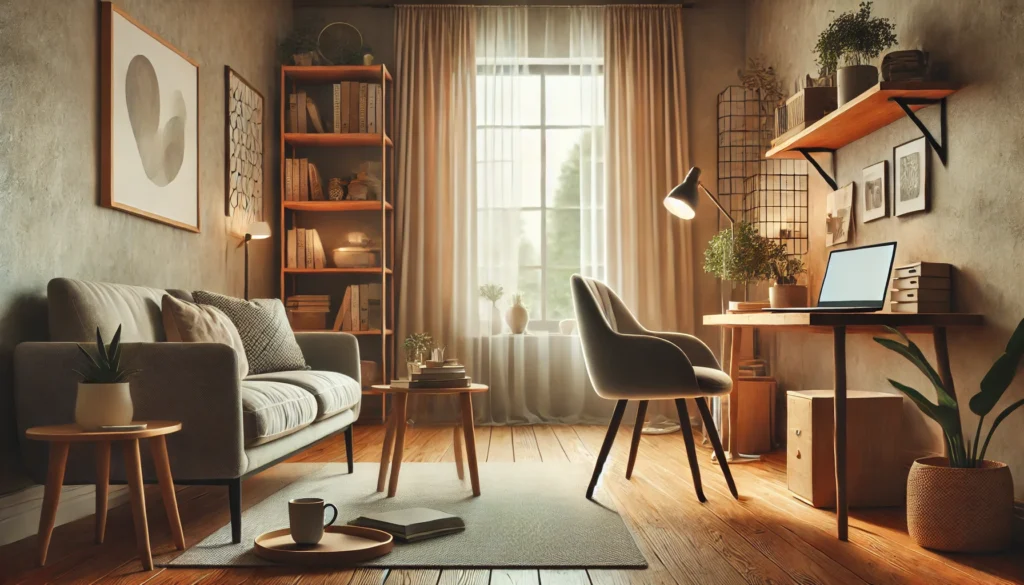 A cozy living room converted into a home office, featuring a small desk with a laptop and a tea cup, illuminated by natural light through soft curtains. Shelves with books and a plant enhance the peaceful, focused atmosphere ideal for remote work.