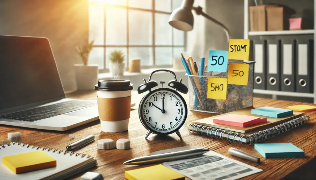 "A well-organized home office workspace with a laptop, an analog clock, a coffee cup, and sticky notes for task management. The desk is neatly arranged with notepads, pens, and a wire basket holding sticky notes, symbolizing productivity and time management in a work-from-home setup."