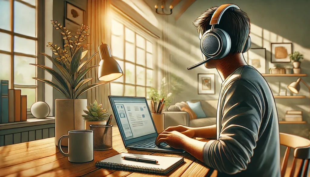 A remote worker wearing a noise-canceling headset, deeply focused on a laptop in a beautifully lit home office. The workspace features a wooden desk with a neatly placed notebook, a coffee mug, and potted plants. Sunlight streams through large windows, creating a warm and inspiring atmosphere ideal for maintaining concentration while working from home.