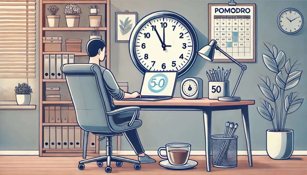 A person working at a desk with a laptop and timer in a calm home office setup, illustrating the Pomodoro Technique as a productivity hack for focused work sessions."

Let me know when you're ready for the final one!