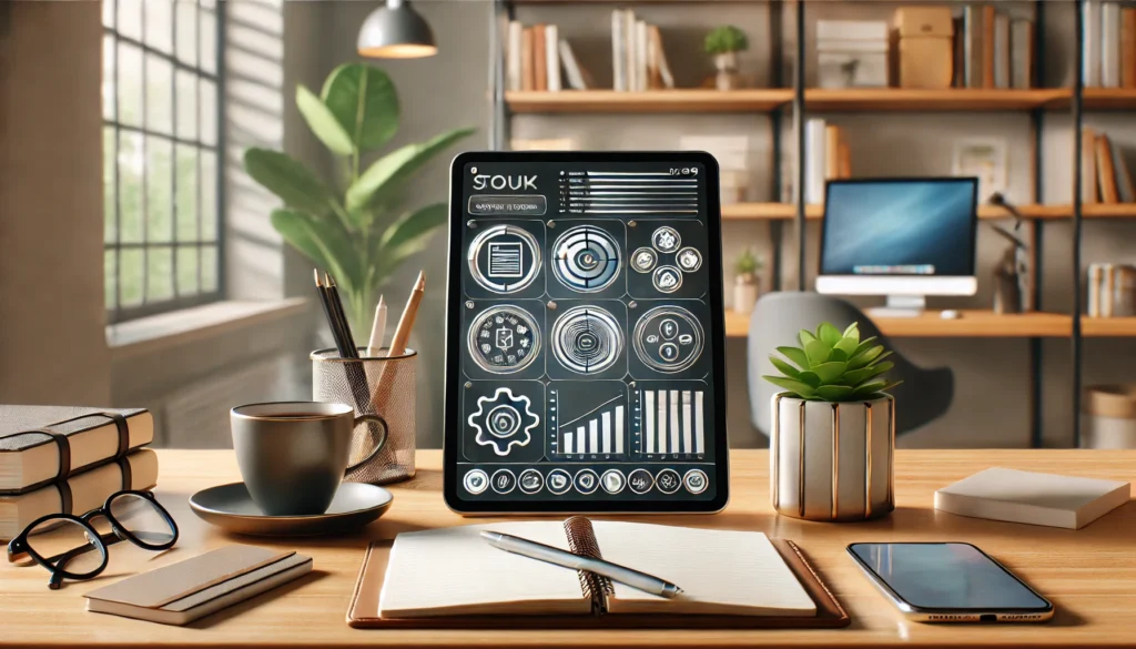 An organized home office desk with a digital tablet displaying task management software, a notebook, and a coffee mug, surrounded by a calming setup of bookshelves and plants to support productivity hacks."