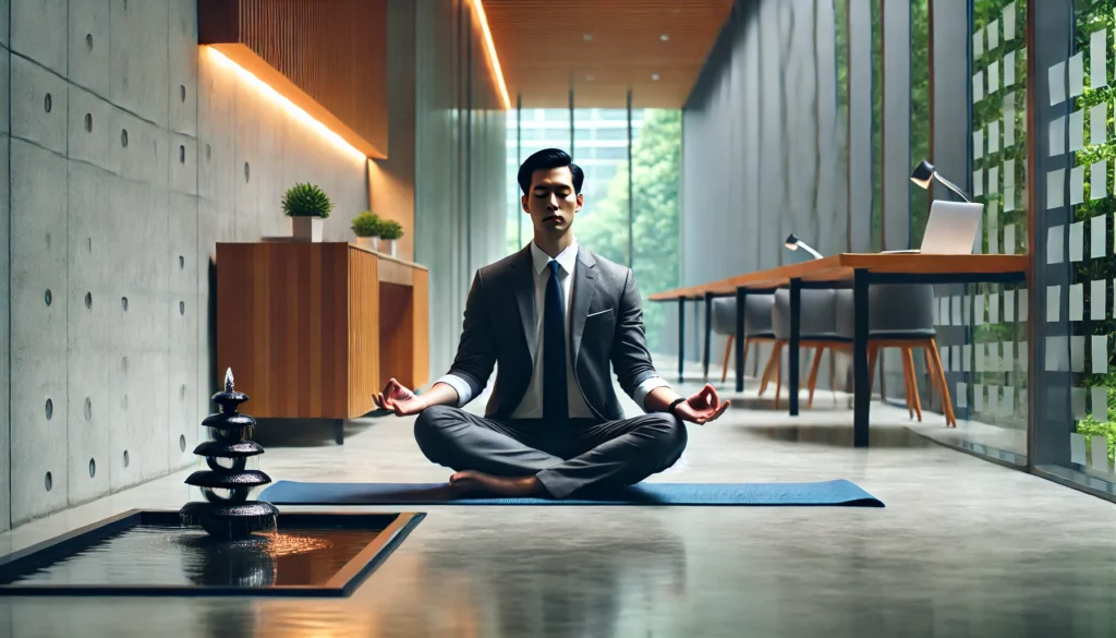 A business professional practicing mindfulness meditation on a yoga mat in a quiet and minimalistic office. The scene includes soft lighting, a small indoor fountain, and a tranquil ambiance, highlighting relaxation techniques for busy professionals.