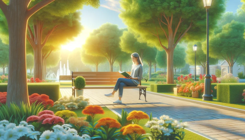 A bright and inviting outdoor park scene with a woman sitting on a bench, enjoying one of the best books for women, surrounded by lush greenery and colorful flowers.