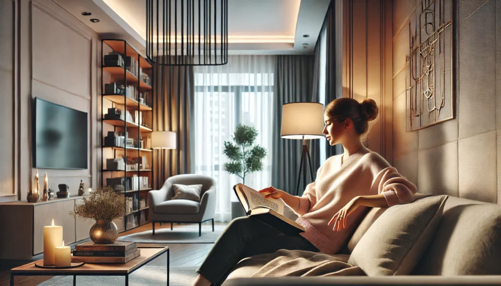 A stylish and modern living room with a woman relaxing on a couch, reading one of the best books for women, surrounded by soft lighting and elegant decor