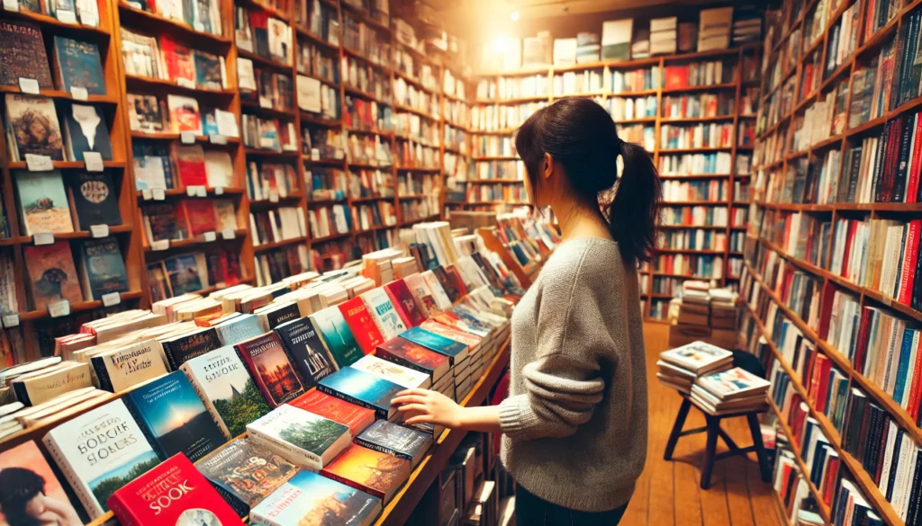 A vibrant bookstore with a woman browsing a selection of the best books for women, surrounded by colorful book covers in a warm and inviting atmosphere