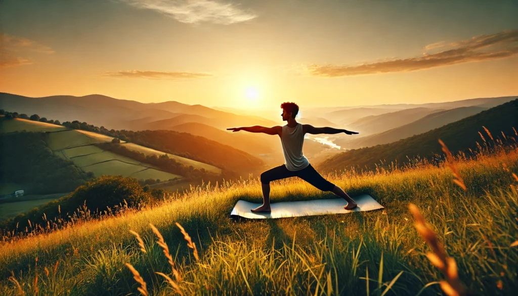 A tranquil outdoor setting with a person practicing Warrior II Pose (Virabhadrasana II) at sunrise. The scenic hilltop and warm sunlight enhance the connection between mind, body, and nature.