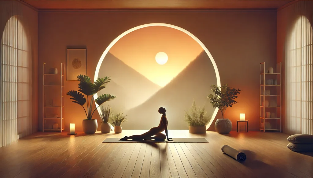 A tranquil yoga studio with warm lighting, featuring a person flowing between Cat and Cow poses. The minimalist decor, yoga mat, and surrounding greenery enhance the calming environment.