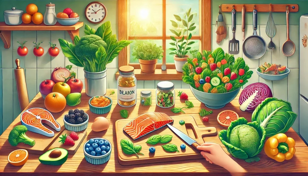 A vibrant kitchen scene featuring brain-boosting foods like salmon, leafy greens, and berries, prepared on a wooden counter with natural light from a sunny window, symbolizing a diet for a youthful brain.