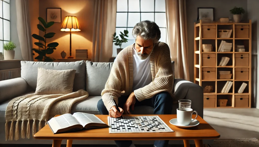 A middle-aged individual solving a crossword puzzle on a coffee table in a cozy living room with a comfortable sofa, a bookshelf, a cup of tea, and soft natural light, symbolizing mental stimulation for a youthful brain.