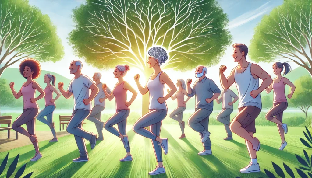 A group of diverse individuals participating in a light aerobics class in a lush park, performing synchronized movements under a clear blue sky and soft sunlight, symbolizing physical activity for maintaining a youthful brain.