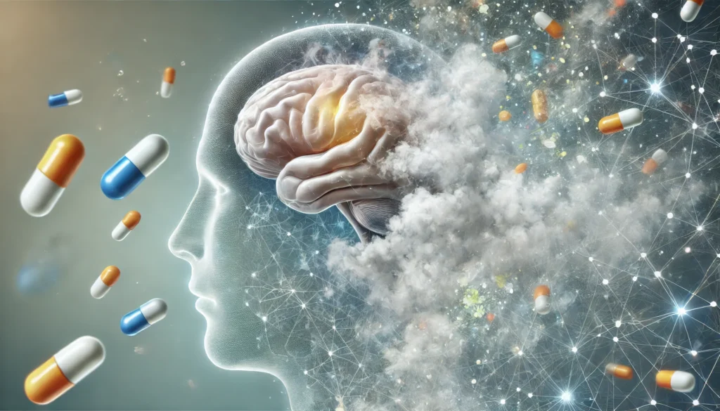 An abstract visualization of memory loss linked to medication. A transparent human head with a dissolving brain inside symbolizes fading thoughts. Wisps of mist rise from the head, representing cognitive fog. Floating pills drift in the background among disconnected neurons, illustrating memory impairment.