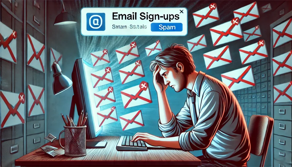 "A frustrated individual looking at their computer screen, overwhelmed by spam email sign-ups, while an AI-powered email deleter tool works to block and filter out unwanted messages."