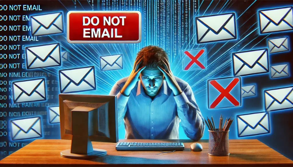 "A frustrated individual overwhelmed with excessive unwanted emails despite being on a 'Do Not Email' list, with an AI-powered email deleter tool working in the background to remove spam."