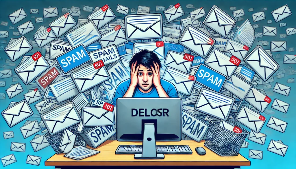 A frustrated person staring at their overflowing email inbox, overwhelmed by unread messages, spam, and promotional emails, emphasizing the need for an AI-powered email deleter.