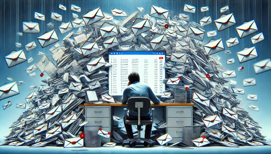 A frustrated person sitting at their desk, staring at a computer screen filled with an overwhelming number of unread emails. The image captures the stress of handling excessive digital communication.