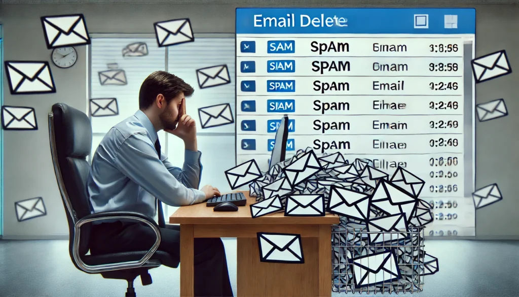 A frustrated person sitting at their desk, staring at a cluttered Outlook inbox filled with spam and unnecessary emails. The individual looks overwhelmed, highlighting the stress of email overload and the necessity of an AI-powered email deleter.