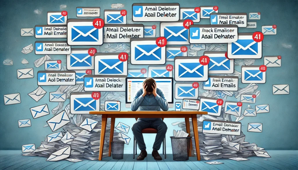 "A frustrated person overwhelmed by a flood of ad emails on multiple devices, emphasizing the stress caused by email clutter and the need for an advanced email deleter."