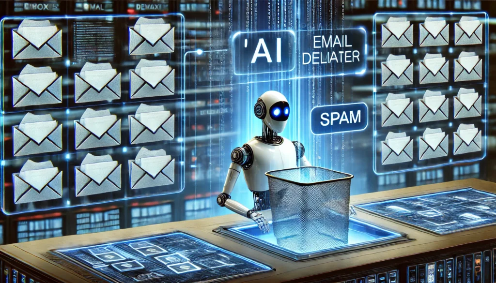  "A high-tech AI-powered 'email deleter' sorting through multiple inboxes, automatically removing spam and prioritizing messages in a sleek, futuristic workspace."