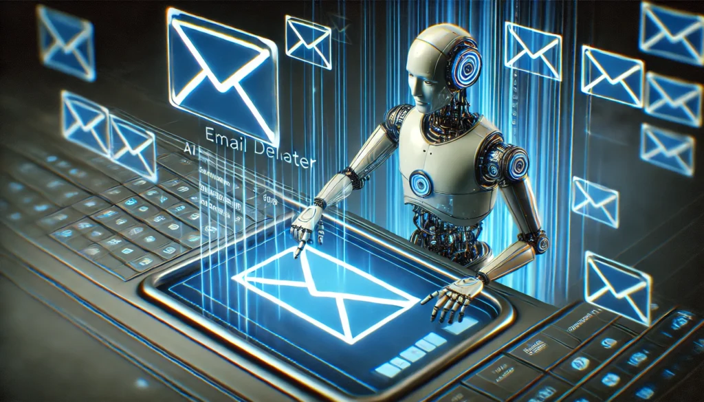 "A futuristic AI-powered email deleter tool actively scanning and removing spam emails from an inbox, showcasing automation, security, and streamlined email management."