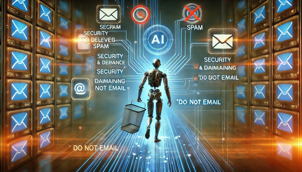 "A futuristic AI-driven email management system actively sorting and deleting spam while maintaining a 'Do Not Email' list, emphasizing security, compliance, and automation."