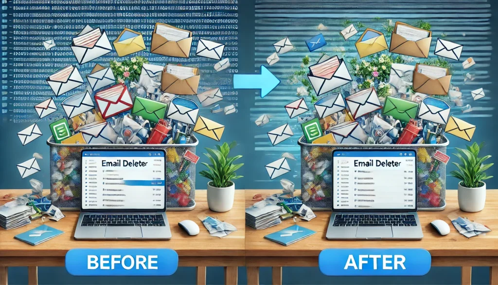 A digital concept image showing an email inbox before and after using an AI-powered email deleter, highlighting the transformation from a cluttered inbox to an organized one.