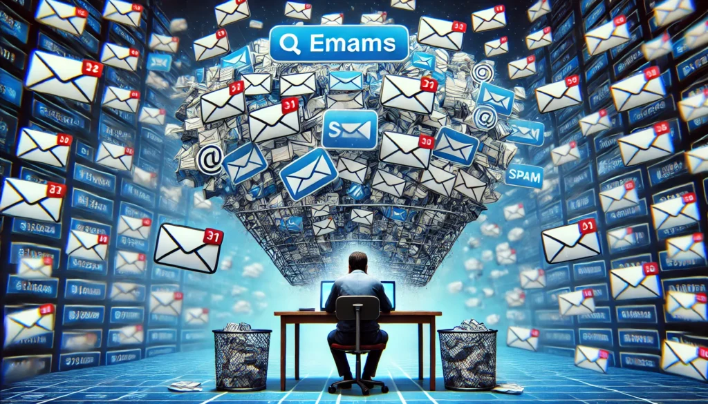 A digital concept illustration of an email inbox overwhelmed with clutter, featuring thousands of unread messages and spam notifications. The visual represents the chaos of managing excessive emails.