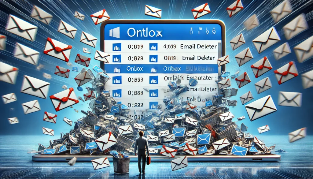  A digital concept illustration of an Outlook inbox overflowing with spam and unwanted emails. The chaotic scene visually represents the frustration of managing excessive email clutter, emphasizing the need for an effective email deleter.